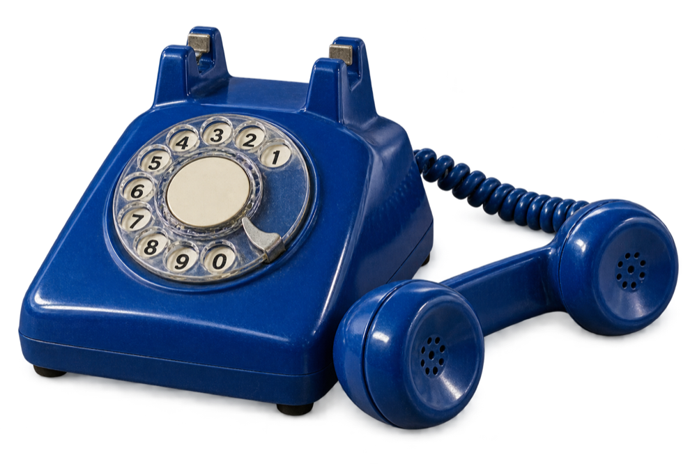 Telefone antigo azul com disco rotativo e fone fora do gancho